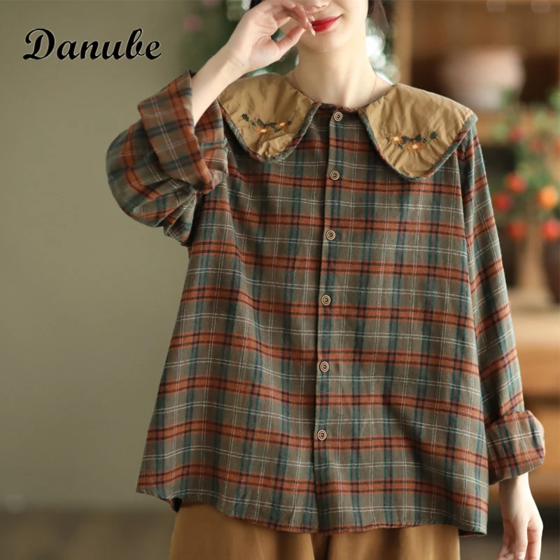 

Autumn Vintage Peter Pan Collar Plaid Shirt For Women Japanese Casual Patchwork Long Sleeve Loose Cotton Linen Shirt Female Tops