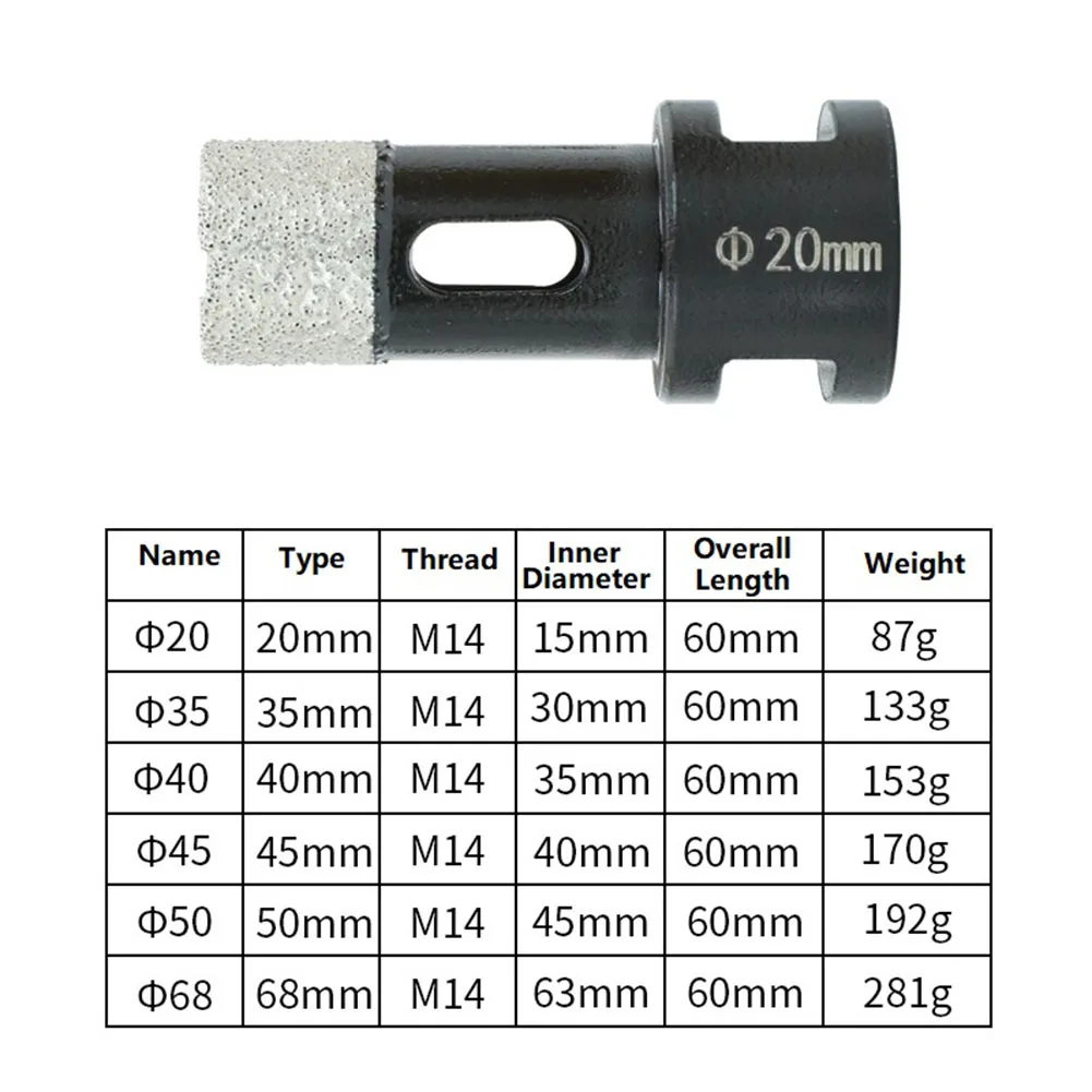 M14 Thread Dry Vacuum Brazed Diamond Drill Core Bit Ceramic Tile Stone Hole Saw For Diamond Marble Drill Bits 20mm-68mm
