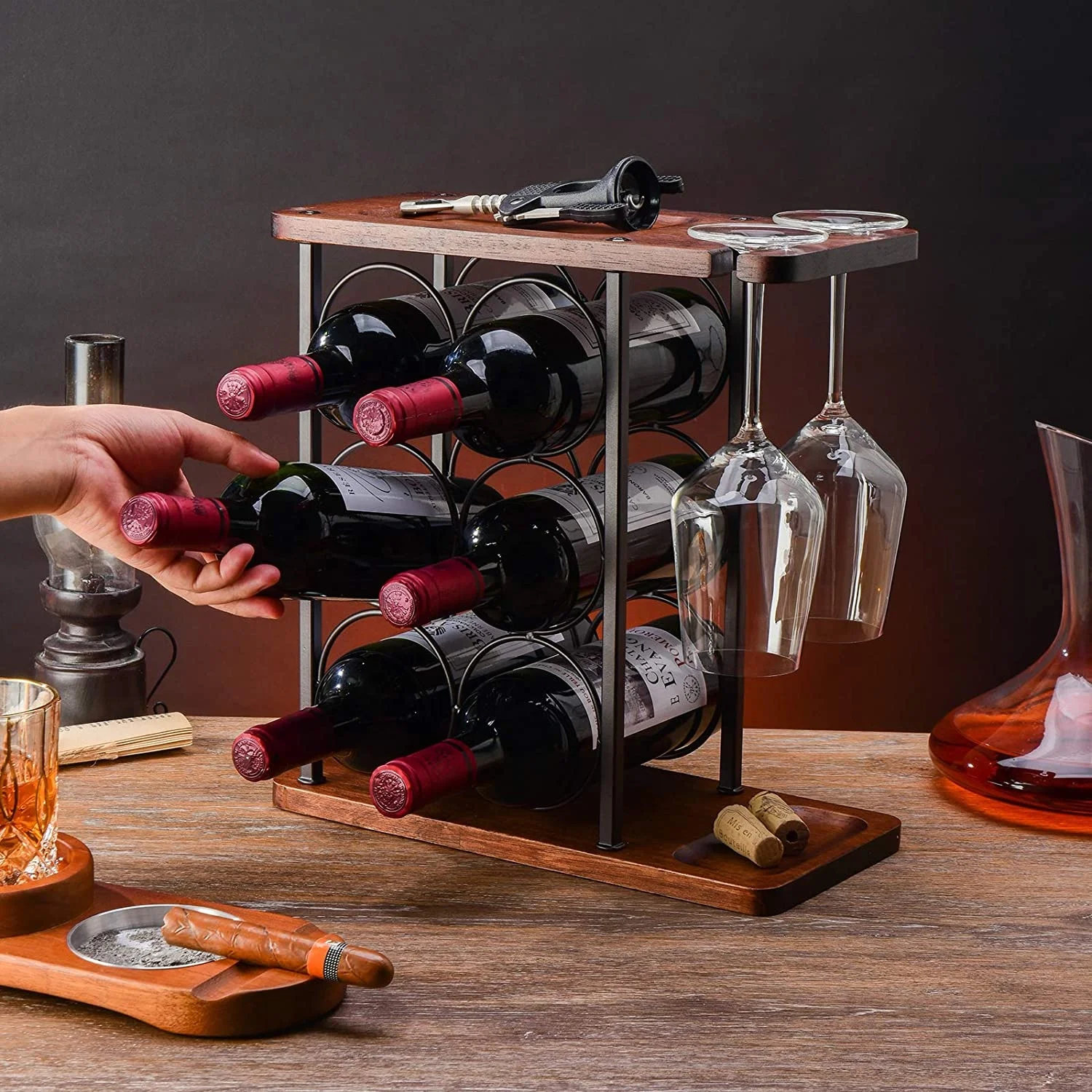 

Настольная деревянная Винная стойка, подставка для винных бутылок с 6 бутылками, с 2 стаканами, отдельно стоящая Рабочая стойка