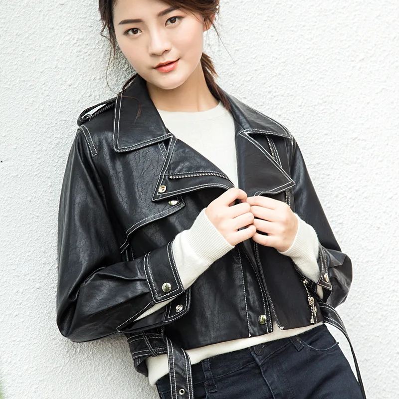 

Autumn winter 2022 Korean fashion motorcycle coat women's leather coat fashion turn over collar leather coat women's coat