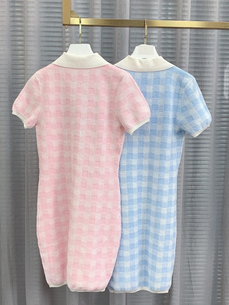 

Women Dress 2022 Spring and Summer New Lapel Rhinestone Letter Plaid Print Slim Short-sleeved Knitted Women Casual Mini Dress