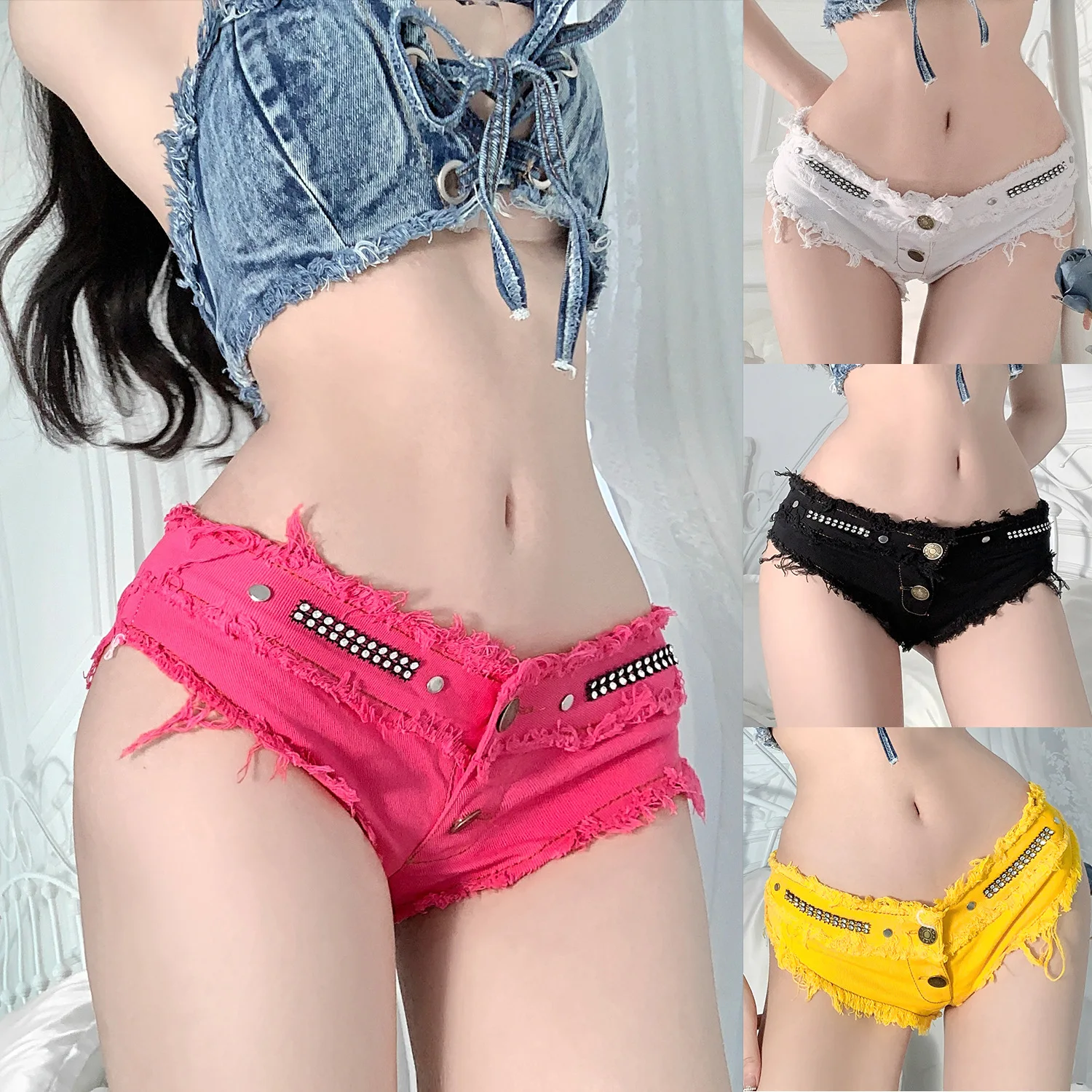 

2023 New Summer Women Sexy Low Waist Thong Mini Denim Jeans Shorts With Diamonds Mujer DJ Pole Dance Jeans