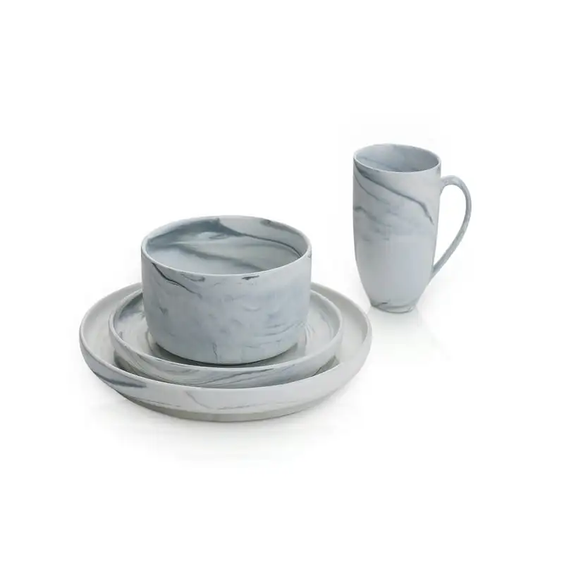 

2023 New Stone Lain 16 Pieces Porcelain Gray Marble Round Dinnerware set, Kitchen Dishes, Unique Settings, Cups, Plates, Bowls
