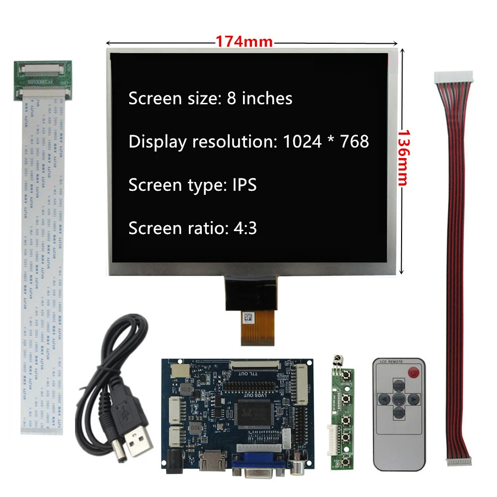 Фото 8-дюймовый IPS LCD-дисплей 1024*768 HJ080IA-01E HE080IA-01D с комплектом плат драйверов 2AV VGA HDMI для Raspberry Pi №3