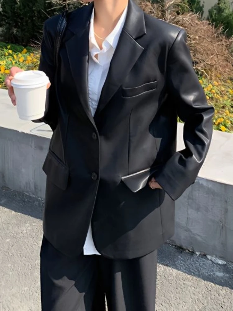 Black Leather Suit Jacket Womens 2023 Spring and Autumn New PU Leather High-end Sense Fried Street Loose Temperament Casual Suit