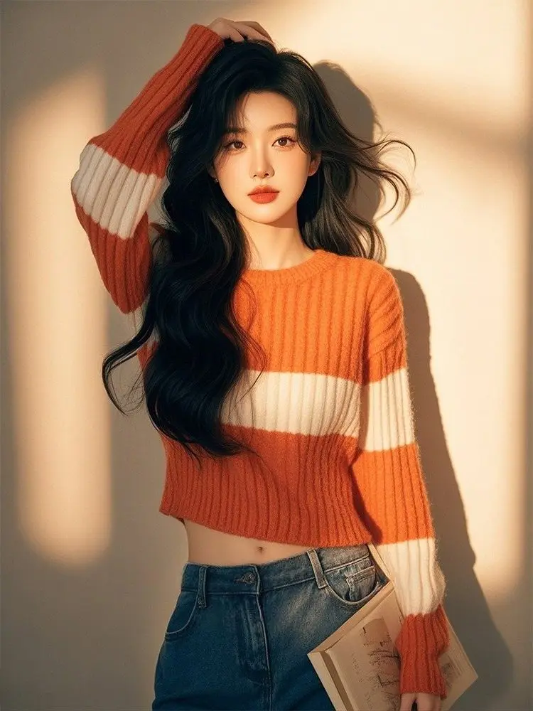 Super Nice Orange Striped sweater Women 2024 Autumn and Winter New Loose Idle Sle Short Western Knitted Top Clothes