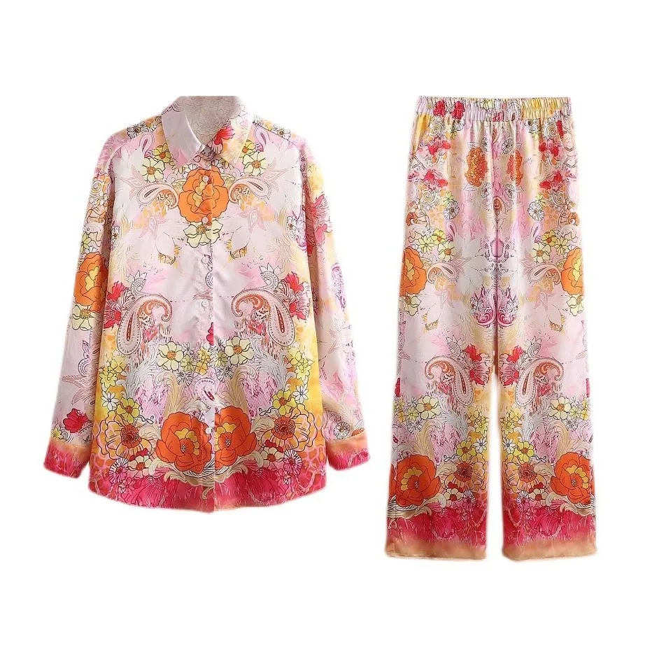 

Clothland Women Stylish Floral Blouse Trousers Suit Long Sleeve Shirt Elastic Waist Wide Leg Pants Sweet Two Piece Set TZ275