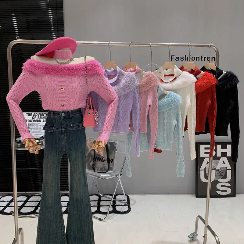 

New in Women's Clothing 2022 Winter Off shoulder Plush splicing long sleeve knitting top pullover sweater