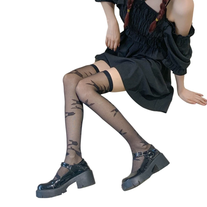 

Women Retro French Silky Thigh High Stockings Rose Pattern Sheer Over Knee Socks