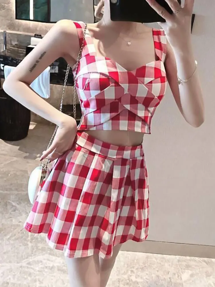 

Plaid Suit Short Skirt Women Sets 2022 Summer New Korean Suspender Plaid Tops + High Waist Pleated Skirt Two-piece Clothes CN