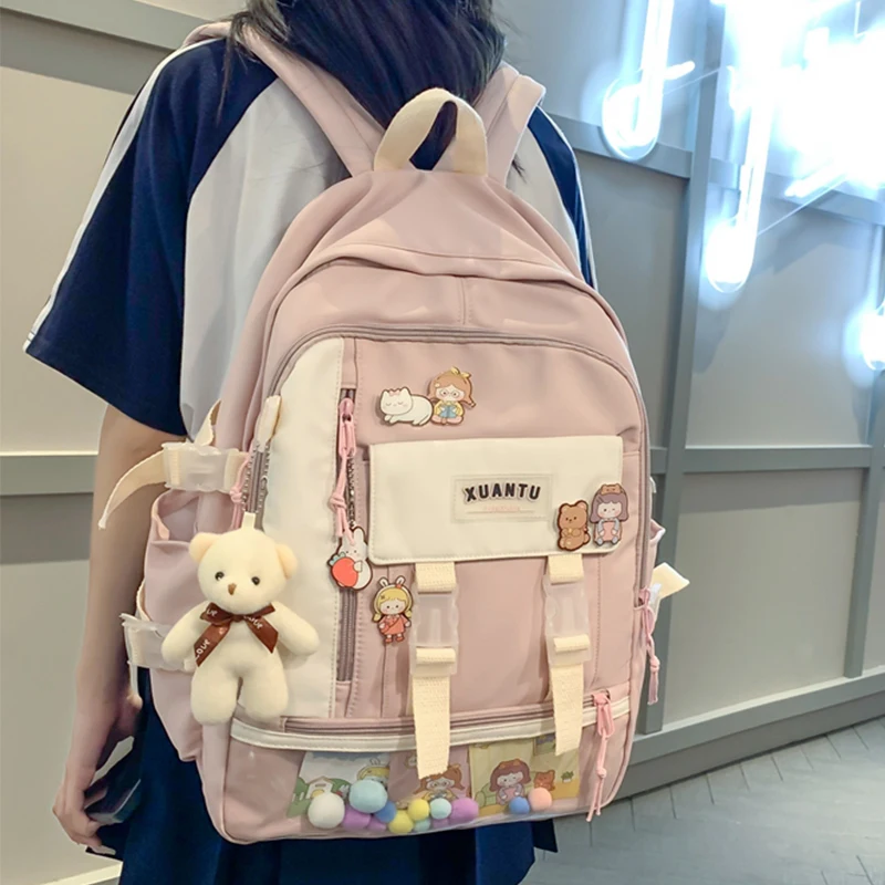 

EST Large Capacity Shoulders Transparent PVC Multi-pocket Nylon Women Backpack Schoolbag For Teenager Girls Kawaii Bolsa Mochila