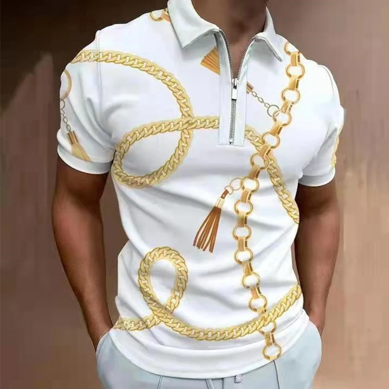 Wear Casual Gold Chain Print Short Sleeve Tee Shirt Men Turn