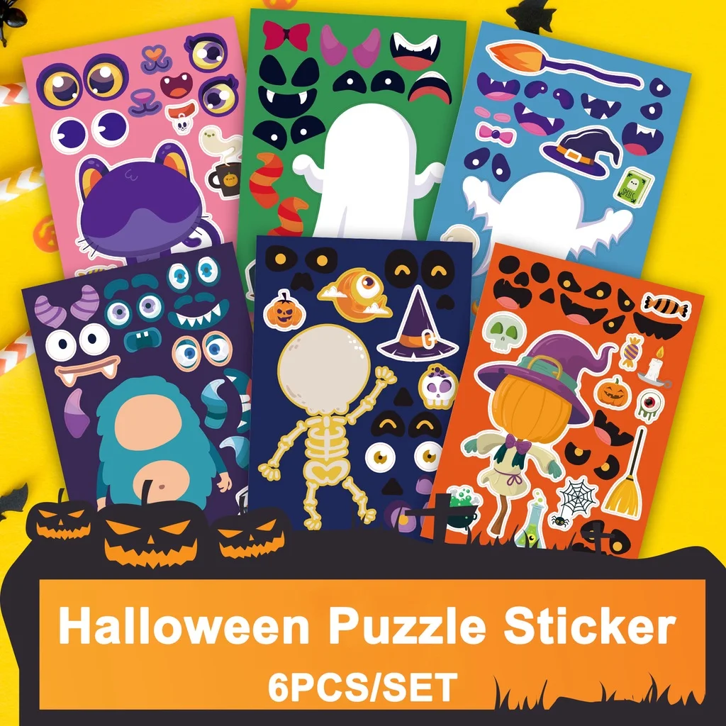 

6pcs/set Cartoon Halloween Series Pumpkin Scarecrow White Ghost DIY Puzzle Sticker Children's Puzzle Sticker CM2205005