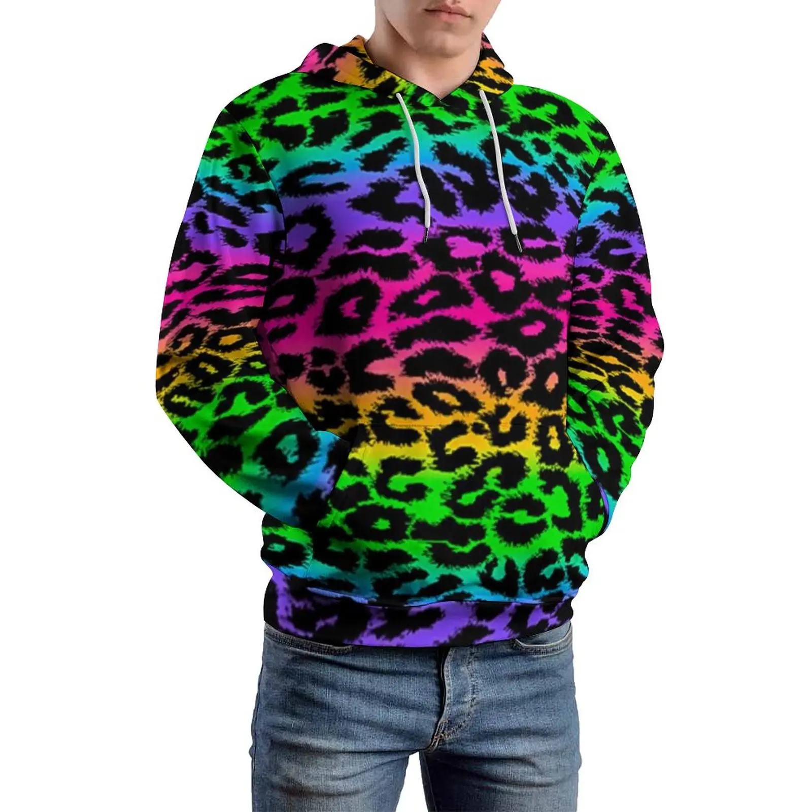 

Retro 80S Hoodie Leopard Rainbow Print Mens Winter Hoodies Long Streetwear Cool Pullover Hoodie Plus Size