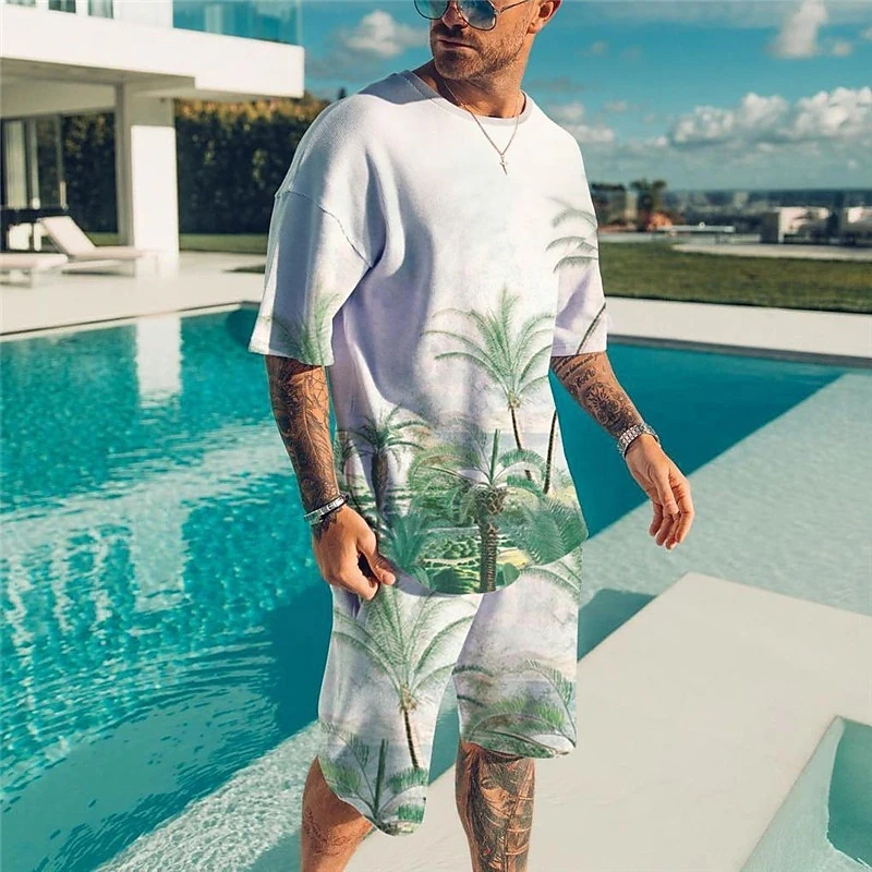 Men Clothes 3D Printed T-shirt Suits Plus Size Beach Style Designer Graphic Round aNeck Ropa Short Sleeve 2 Pieces Summer