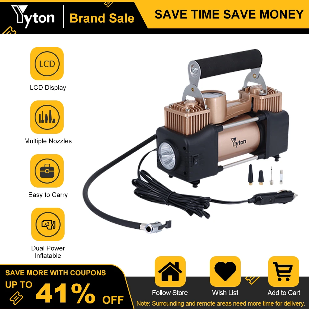 Yyton Tire Inflator Portable Air Compressor 150PSI 12V DC Double Cylinders Metal Air Pump with Digital Gauge LED Lights Auto-Off
