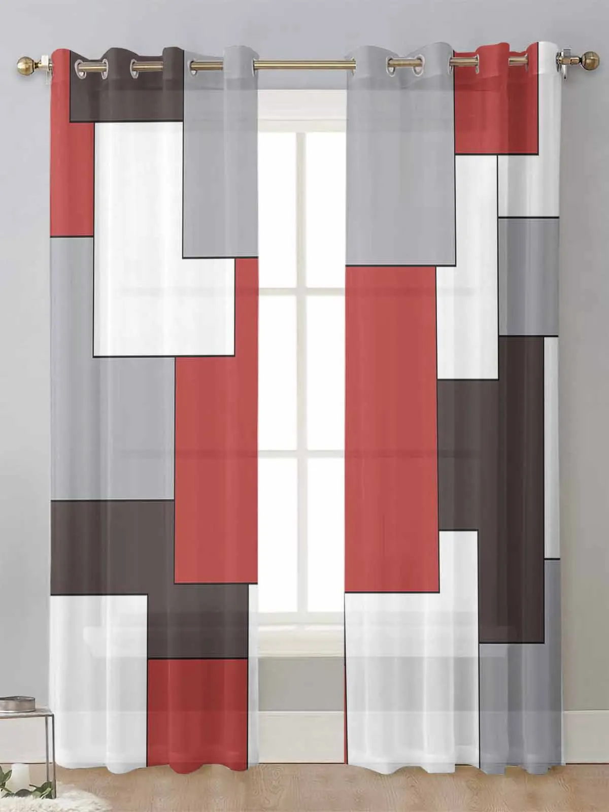 

Mid Century Abstract Geometric Classic Red Sheer Curtains For Living Room Window Voile Tulle Curtain Cortinas Drapes Home Decor