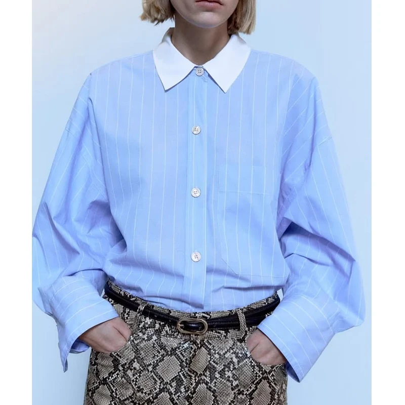 

Blouses Spring shirt women chic fashion loose stitching collar elegant women shirt 2023 fashion striped young students shirts