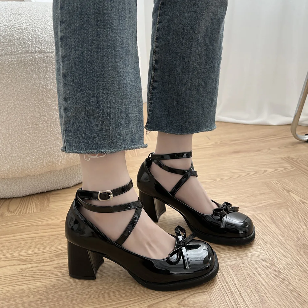 

Black Round Toe Pumps Woman 2023 New Vintage Chunky Lolita Heel Shoe Bowknot Platform Mary Jane Shoes Girls High Heels Ladies