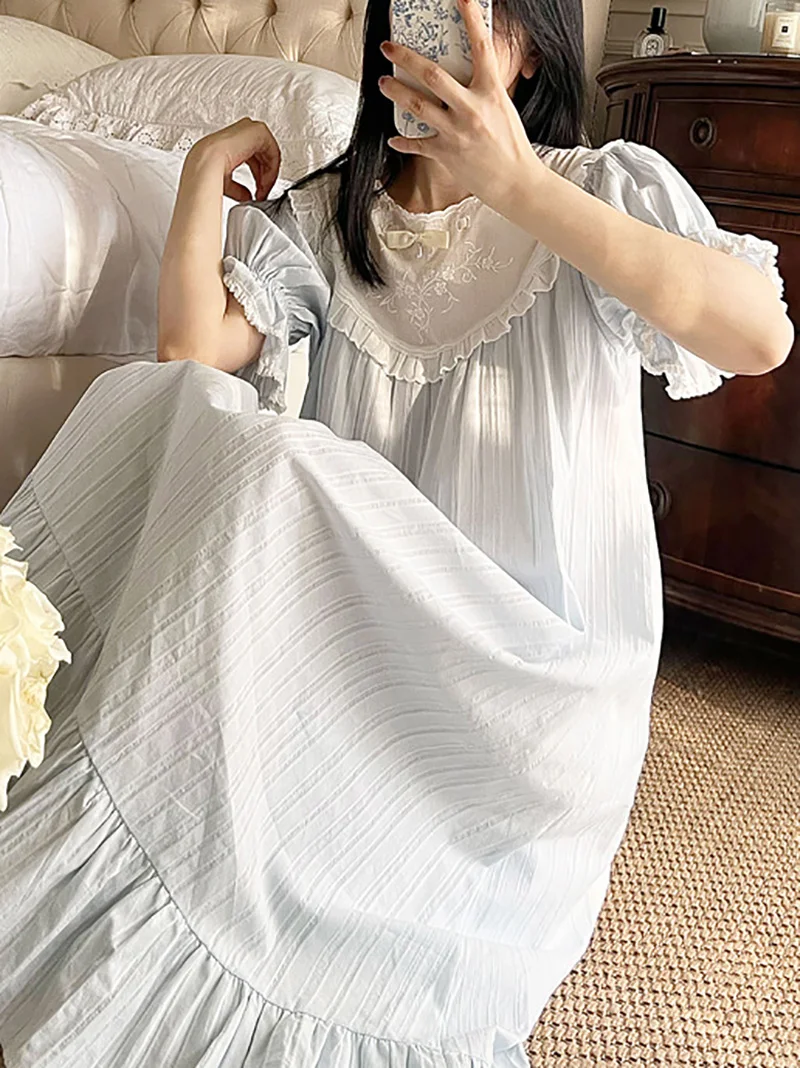 Women Pure Cotton Ruffles Spring Autumn Retro Vintage Princess Nightdress Sweet Home Pajama Lace Fairy Victorian Sleepwear