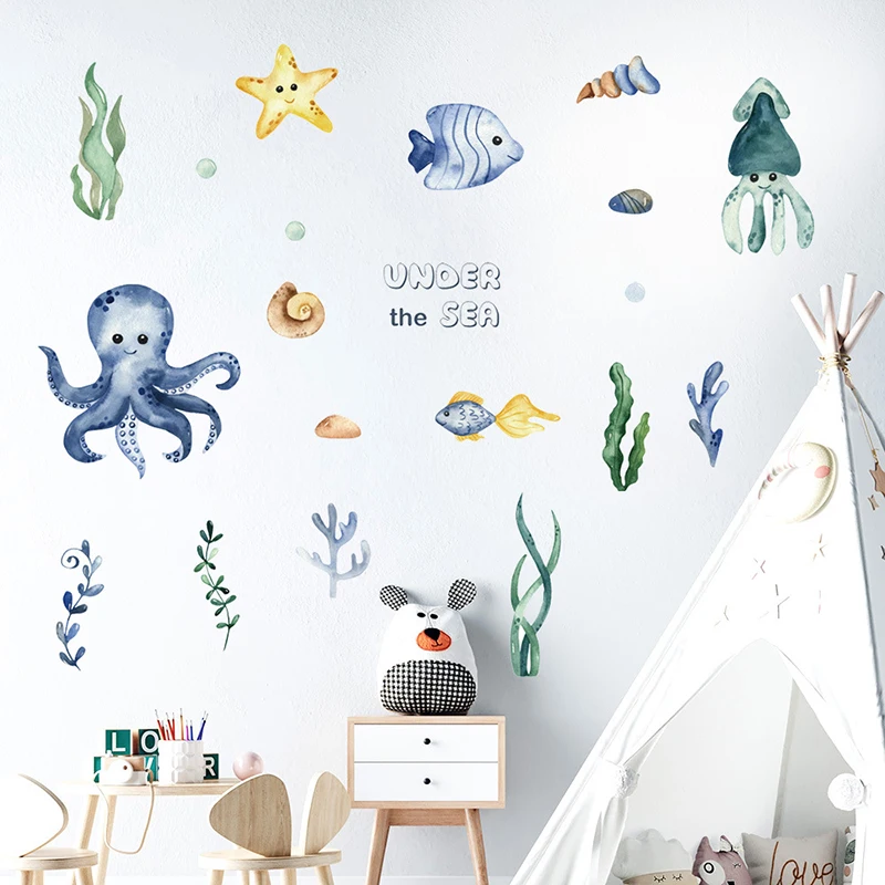 Watercolor Shark Wall Sticker Removable Underwater Creature Octopus Wallpaper for Children's Room Kids Room Wall Decoration images - 6