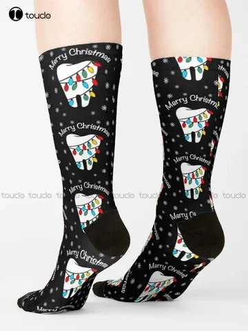 Веселый рождественский зуб, завернутый подсветкой, снежинки, подарочные носки, женские носки-ботинки, 360° ° Цифровая печать на заказ, подарок