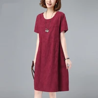 cotton jacquard short sleeved dress womens 2022 summer new loose o neck mid calf straight casual cotton