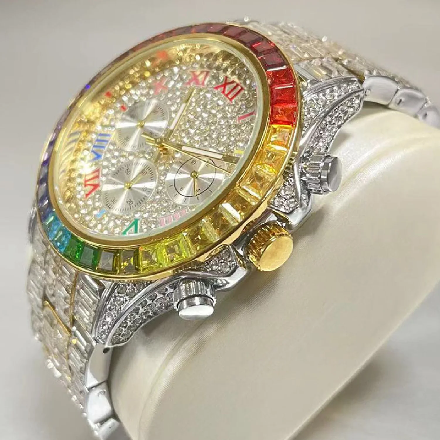 Hot Gold Watches Luxury Men Hip Hop Brand Waterproof Quartz Clocks Rainbow Moissanite Fashion Iced Wristwatch Man Free Shipping enlarge