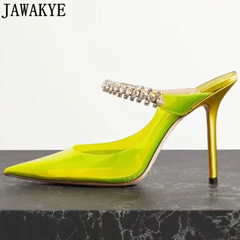 

Мюли женские на высоком каблуке, ПВХ, блестящие туфли-лодочки, на ремешке с кристаллами, пикантные свадебные туфли с острым носком, лимон-зеленый цвет, лето