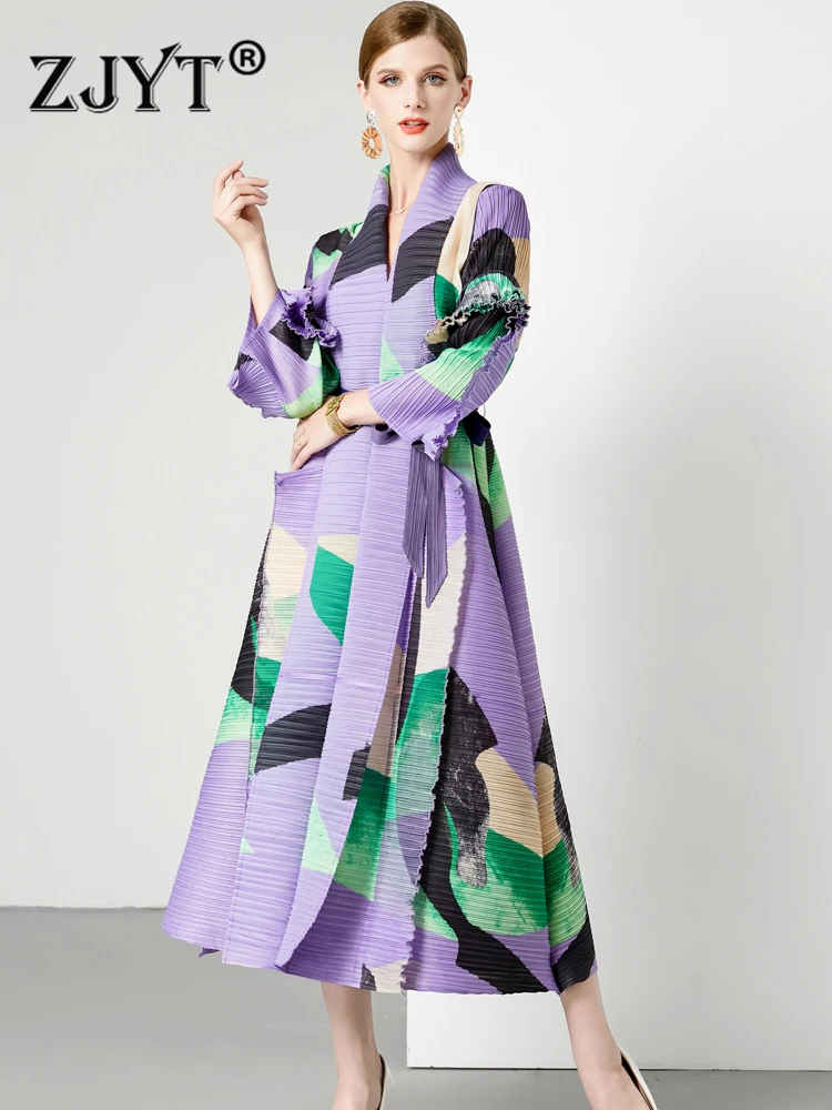 

ZJYT Elegant Designer Ruffles Loose Long Dresses for Women 2023 Geometric Print Autumn Vestidos Full Sleeve Party Holiday Robe