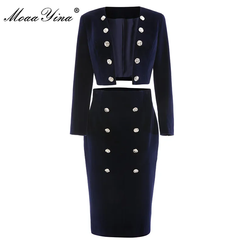 Женский офисный костюм MoaaYina черная бархатная юбка с длинным рукавом топ +