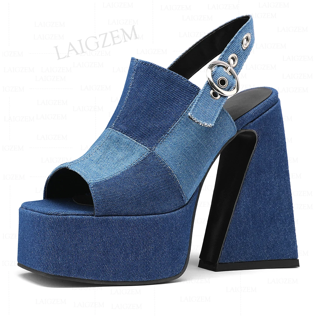 

LAIGZEM Women Sandals Demin Platform Open Toe Ankle Strap Chunky Thick High Heels Pumps Handmade Shoes Woman Plus Size 36 41 43