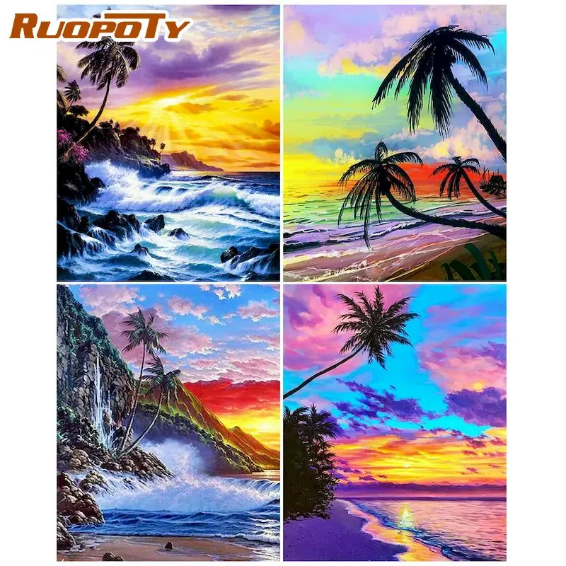 

RUOPOTY Oil Painting By Number Seaside Drawing On Canvas Hand Painted Paintings DIY Pictures By Numbers Scenery Kits Home Decor
