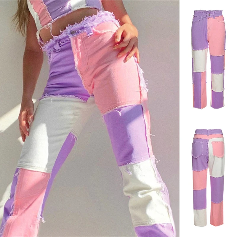 

Fashion Women High Waist Street Wear Hip Hop Straight Trousers Patchwork Design Button Fly Casual Female Pants