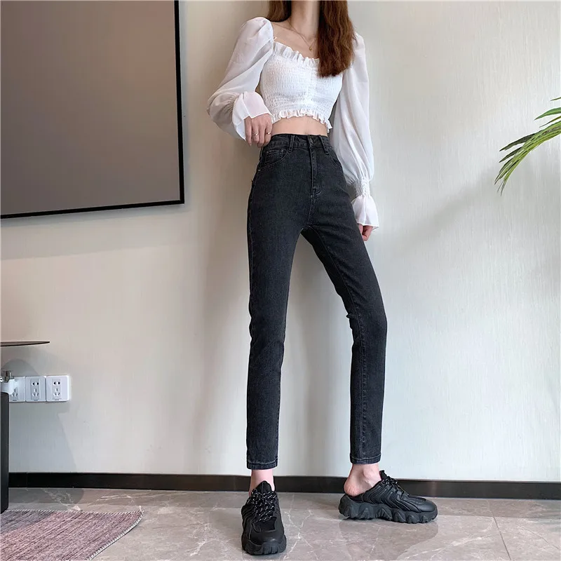 N0400  New high-waisted cropped trousers calf trousers stretch pencil trousers jeans