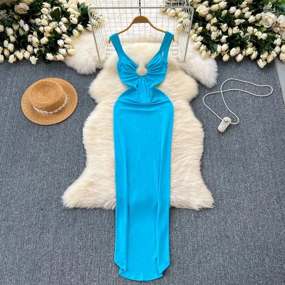 Шикарное пикантное платье без рукавов с разрезом, Пляжное облегающее ...