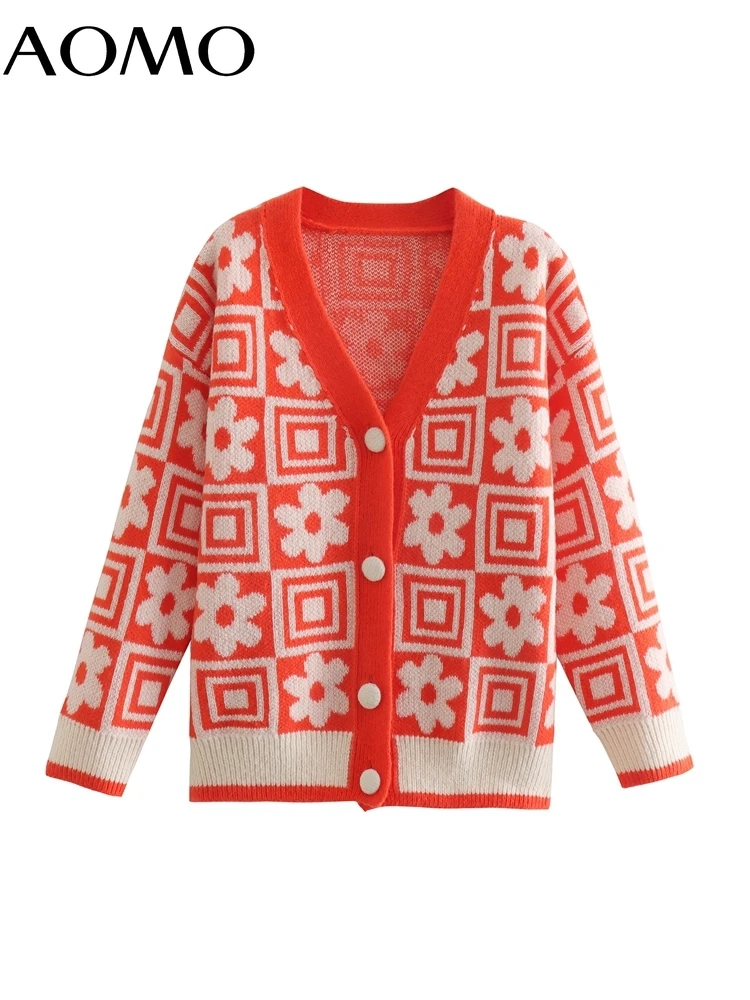 

AOMO Women Elegant Flowers Cardigan Vintage Jumper 2022 Female Knitted Cardigan QJ27A