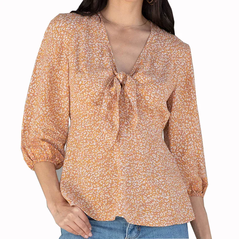 

Women Casual Three Quarter Sleeve tees floral Printed bow top blouse