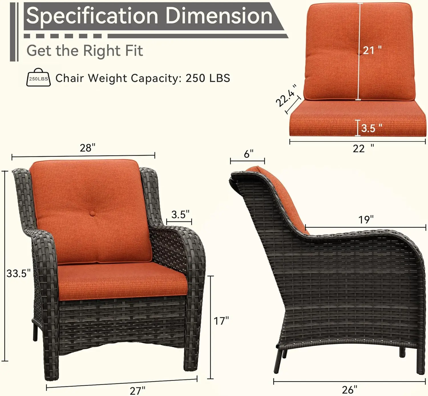 Набор из 2 стульев обеденные стулья ротанга для патио с 3 5-дюймовыми подушками