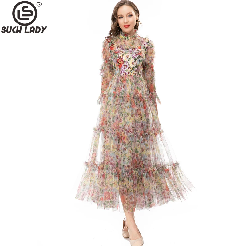 Women's Runway Dresses Ruffled Collar Long Sleeves Embroidery Tiered Ruffles Elegant Floral Maxi Designer Vestidos