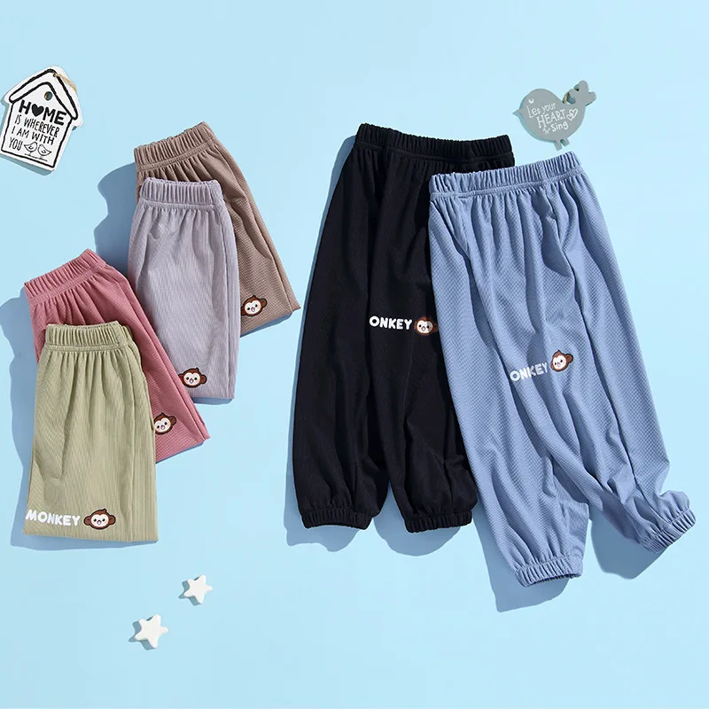 

Весенне-летние детские шелковые брюки с защитой от комаров повседневные спортивные брюки для мальчиков однотонные детские брюки для девоч...