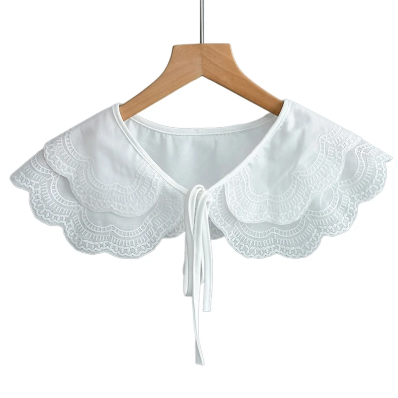 

Q39C Women Elegant Scalloped Trim Double Layer Faux Collar Shawl Scarf Embroidery Fireworks Geometric Striped Pattern White Half