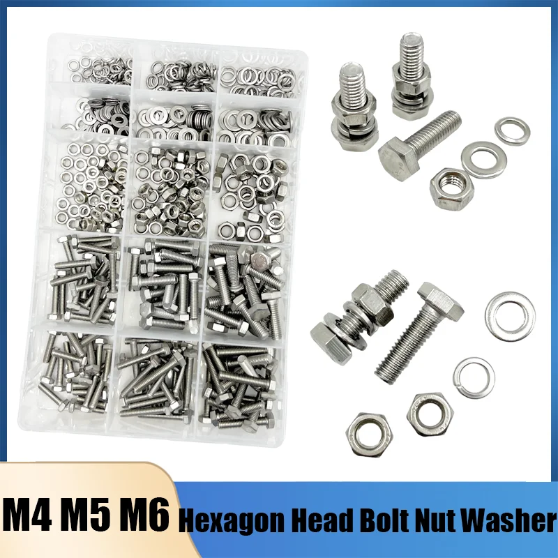 

510pcs/Set External Hex Bolt Hexagon Head Screws with Nuts Washers M4 M5 M6 304 Stainless Steel Hexagon Head Bolt and Nuts Kit