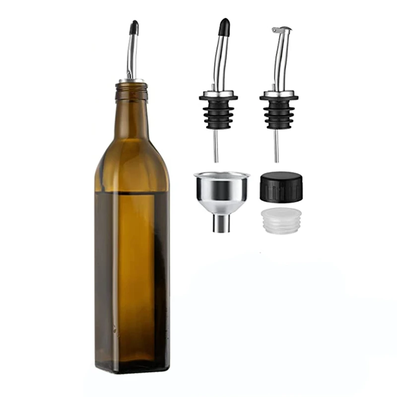 

17Oz Glass Olive Oil Dispenser - Oil And Vinegar Cruet Bottle With Stainless Steel Pourers - Funnel For Easy Refill