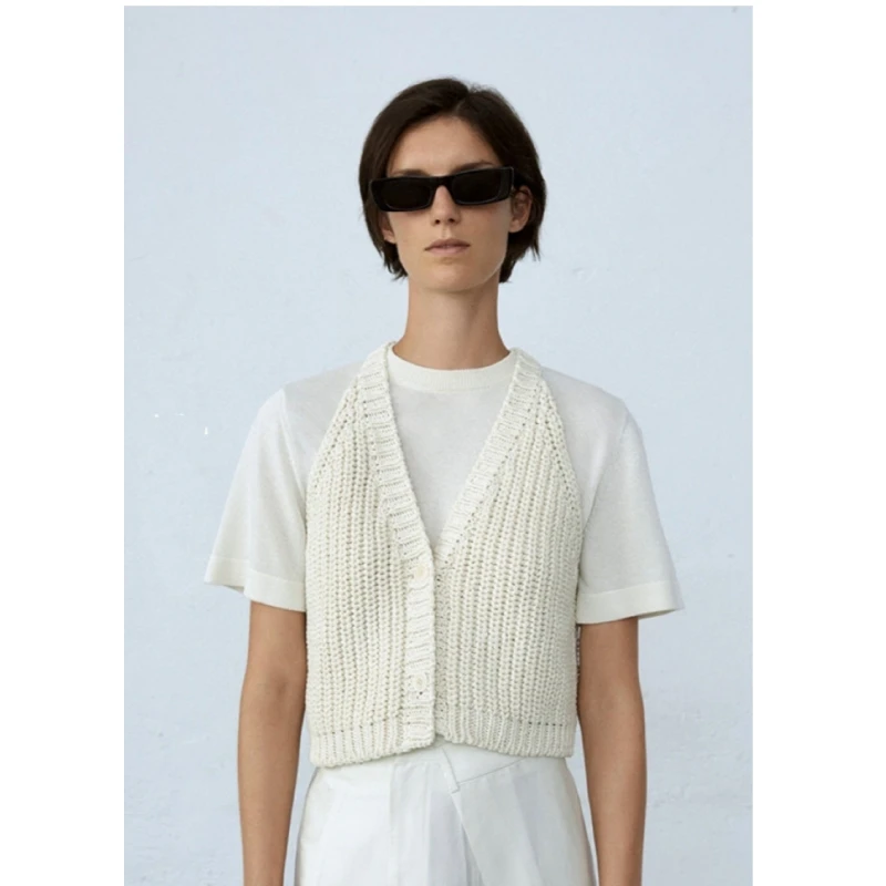 

Spanish niche minimalist fashion organic cotton blend button torn V-neck cardigan coarse knit sweater vest vest vest vest