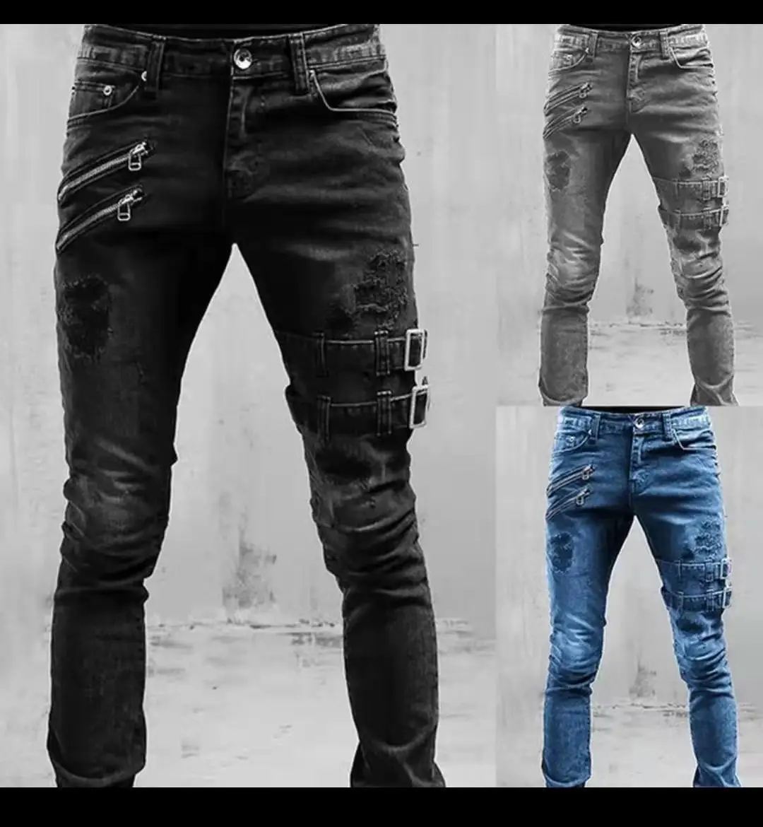 2022Europe and The United States New Leisure Fashion Motorcycle Personality Pop Elastic Small Foot Jeans Mens Jeans  Mens Pants