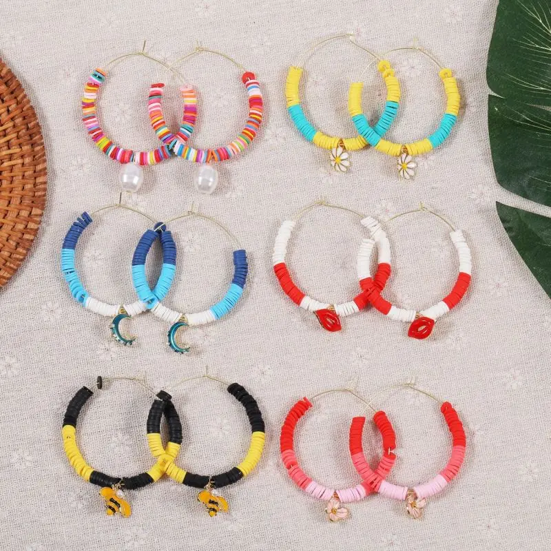 

Fashion Boho Hoop Earrings For Women Polymer Clay Resin Circle Ring Earrings Cute Rainbow Bee Pendant Hoops Earring Wholesale