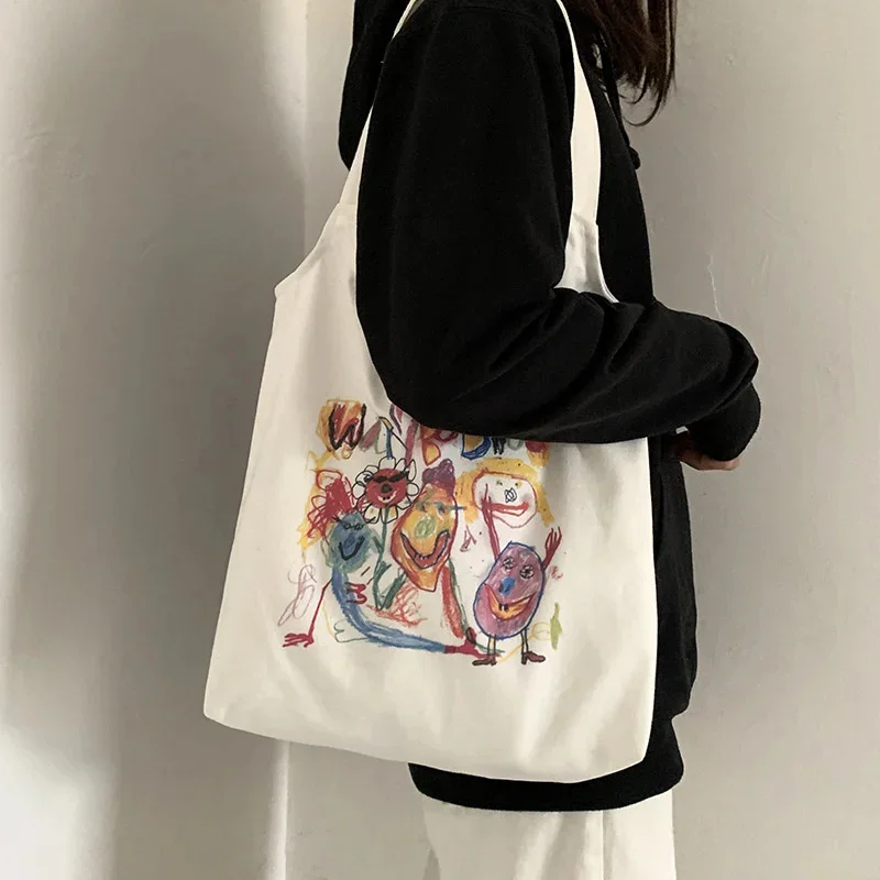 

Women's Bags on Offer Tote Shopping Bag for Lady Literary Cartoon Canvas Shoulder Bag Women Student Cotton Cloth Eco Shopper Bag