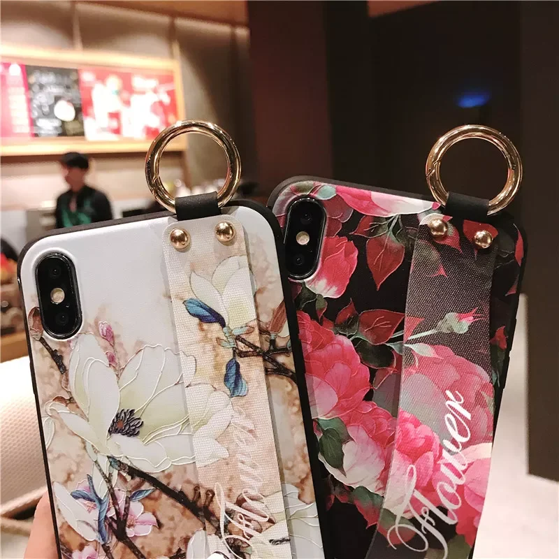 

Emboss Rose Flower phone Case For iphone 12 Mini 11 13 Pro XS MAX X XR Wist Strap Support Soft TPU Case For 6S 8 7 plus Cover