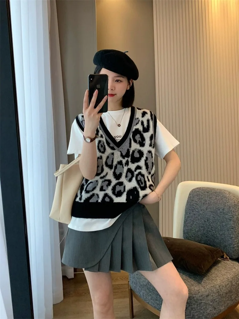 

leopard Sweater Vest pull vintage sweet vest chaleco mujer women Sleeveless Jumper Tops knitwears tops outwears womens clothing